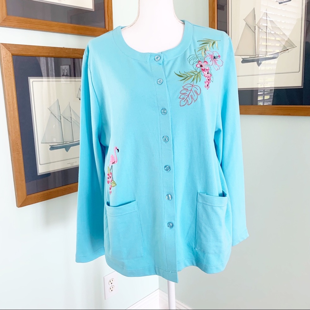 🏷️ Palm Harbor Pink Flamingo Embroidered Baby Blue Cardigan Petite Large